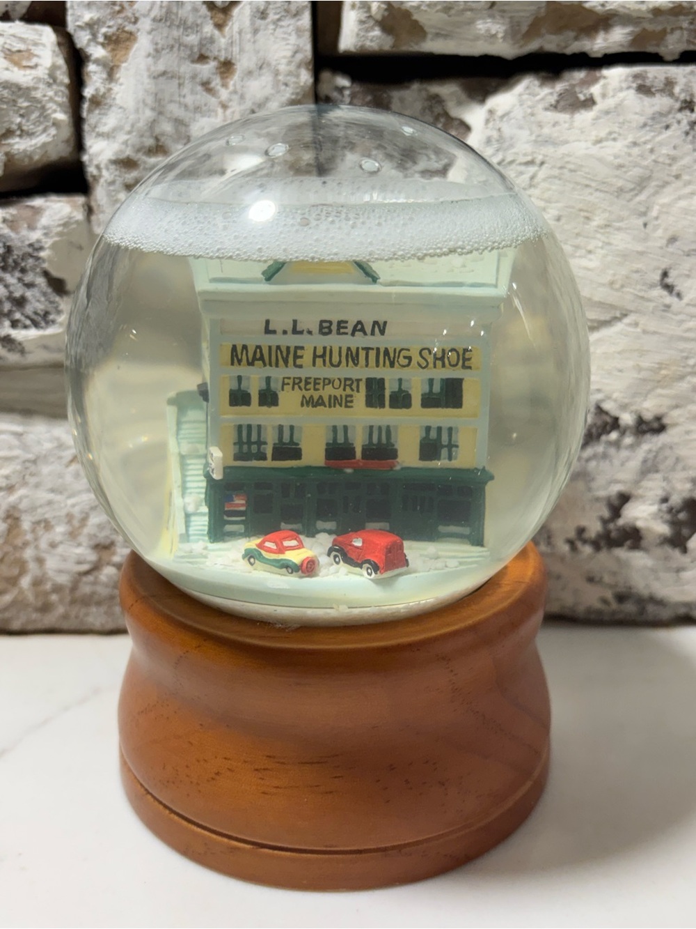 L.L. Bean Yellow Maine Hunting Shoe Snow Globe with Green Accents